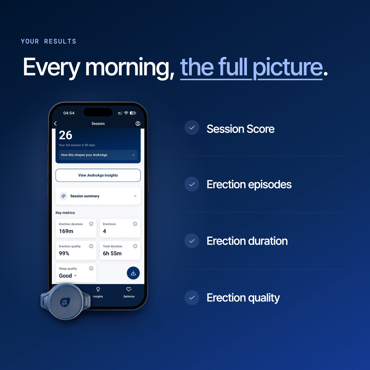 The Adam app showing a night's session score next to the Adam Sensor