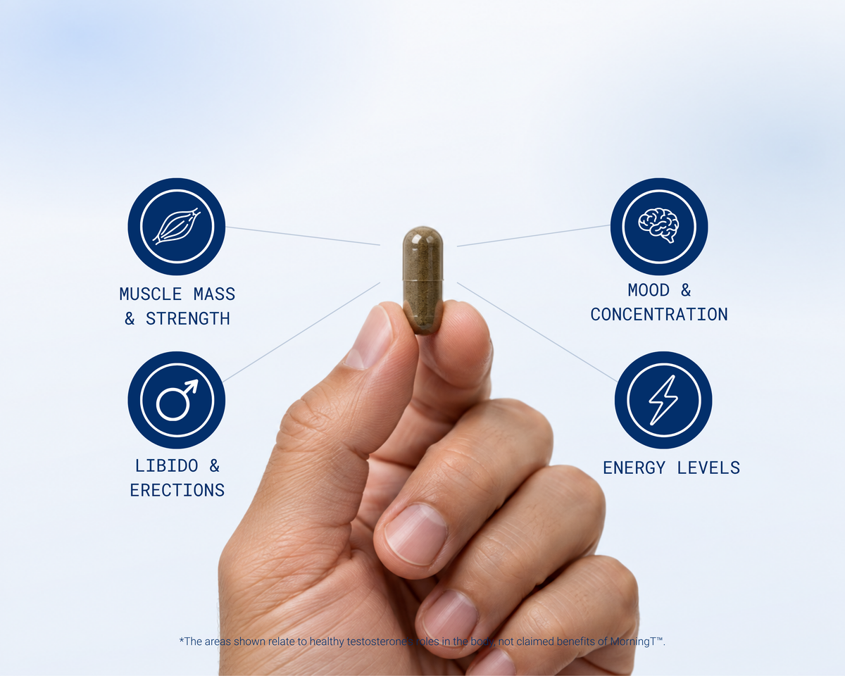 A MorningT capsule held between finger and thumb, linked to muscle mass and strength, libido and erections, mood and concentration, and energy levels.