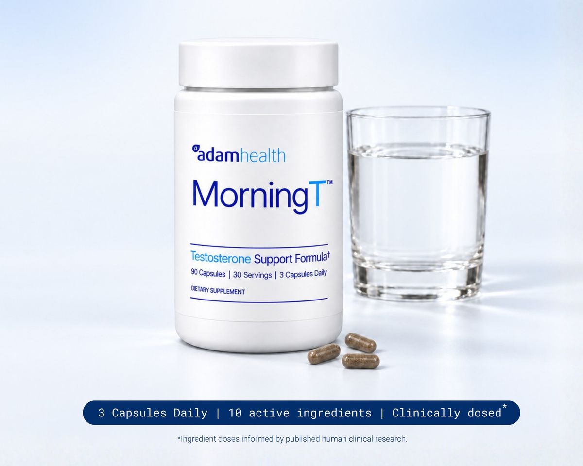 MorningT testosterone support formula, 90 capsules, shown with a glass of water and three capsules