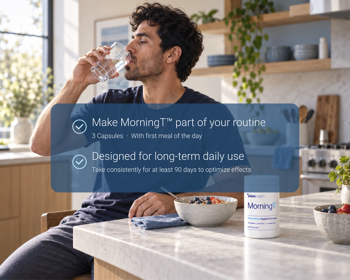 A man taking MorningT with his first meal of the day, three capsules daily for long-term use
