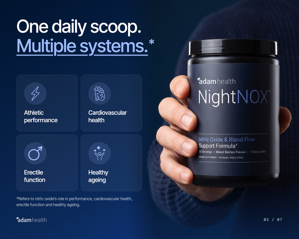 A hand holding a NightNOX tub. One daily scoop, multiple systems: athletic performance, cardiovascular health, erectile function and healthy ageing.