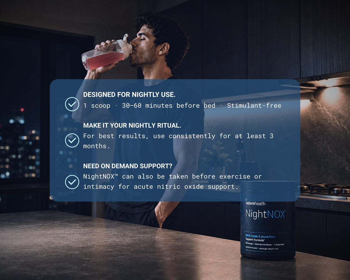 A man drinking NightNOX in a kitchen at night. Designed for nightly use: one scoop 30 to 60 minutes before bed, stimulant-free, and usable before exercise or intimacy.