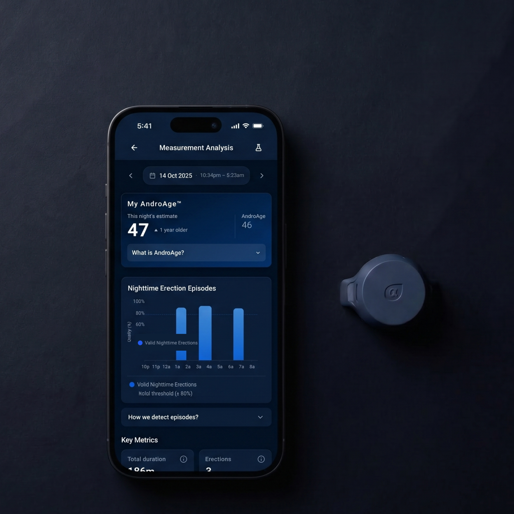 Adam Health app showing AndroAge score alongside the Adam Sensor nocturnal erection tracker