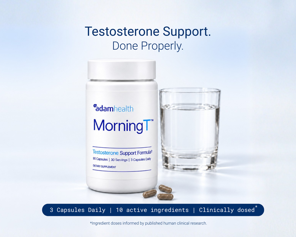 MorningT testosterone support formula, 90 capsules, shown with a glass of water and three capsules