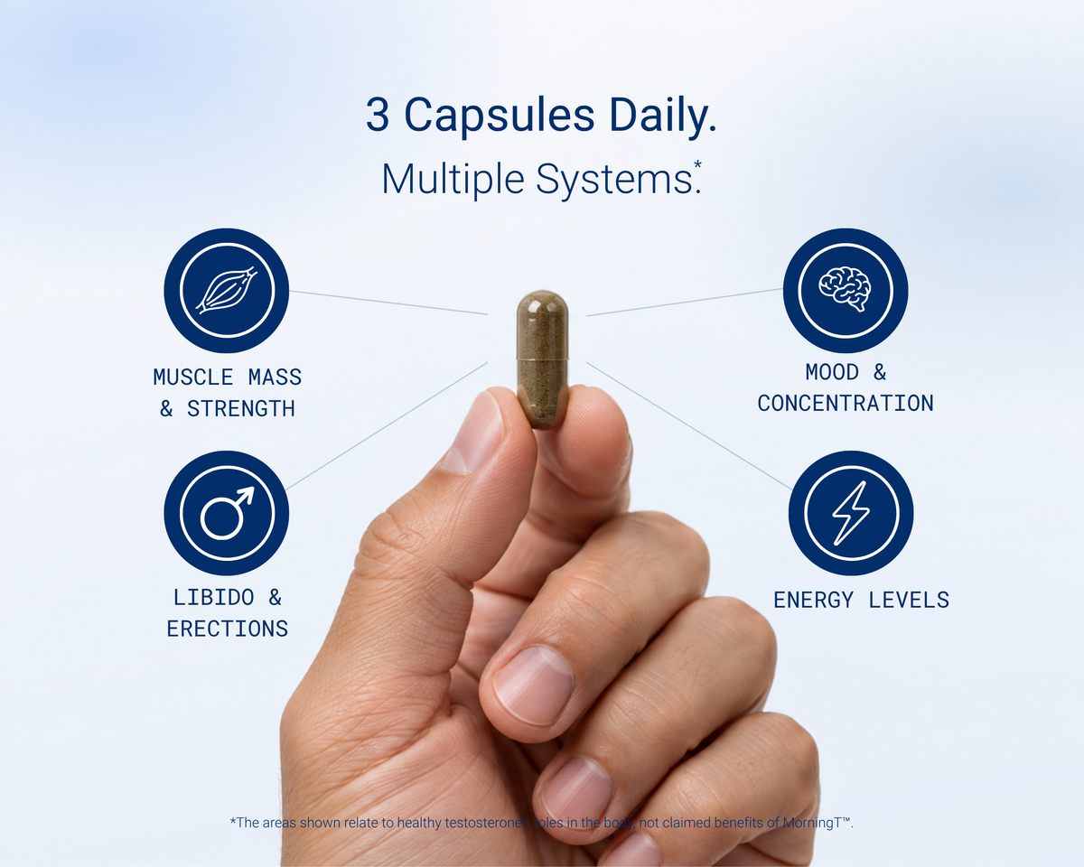 A MorningT capsule linked to four areas healthy testosterone supports: muscle mass and strength, libido and erections, mood and concentration, and energy levels