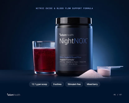 NightNOX tub beside a glass of mixed-berry drink, a scoop and pink powder. 12.1 g per scoop, 9 actives, stimulant-free, mixed berry.