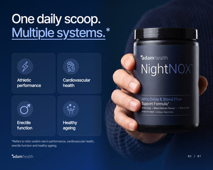 A hand holding a NightNOX tub. One daily scoop, multiple systems: athletic performance, cardiovascular health, erectile function and healthy ageing.