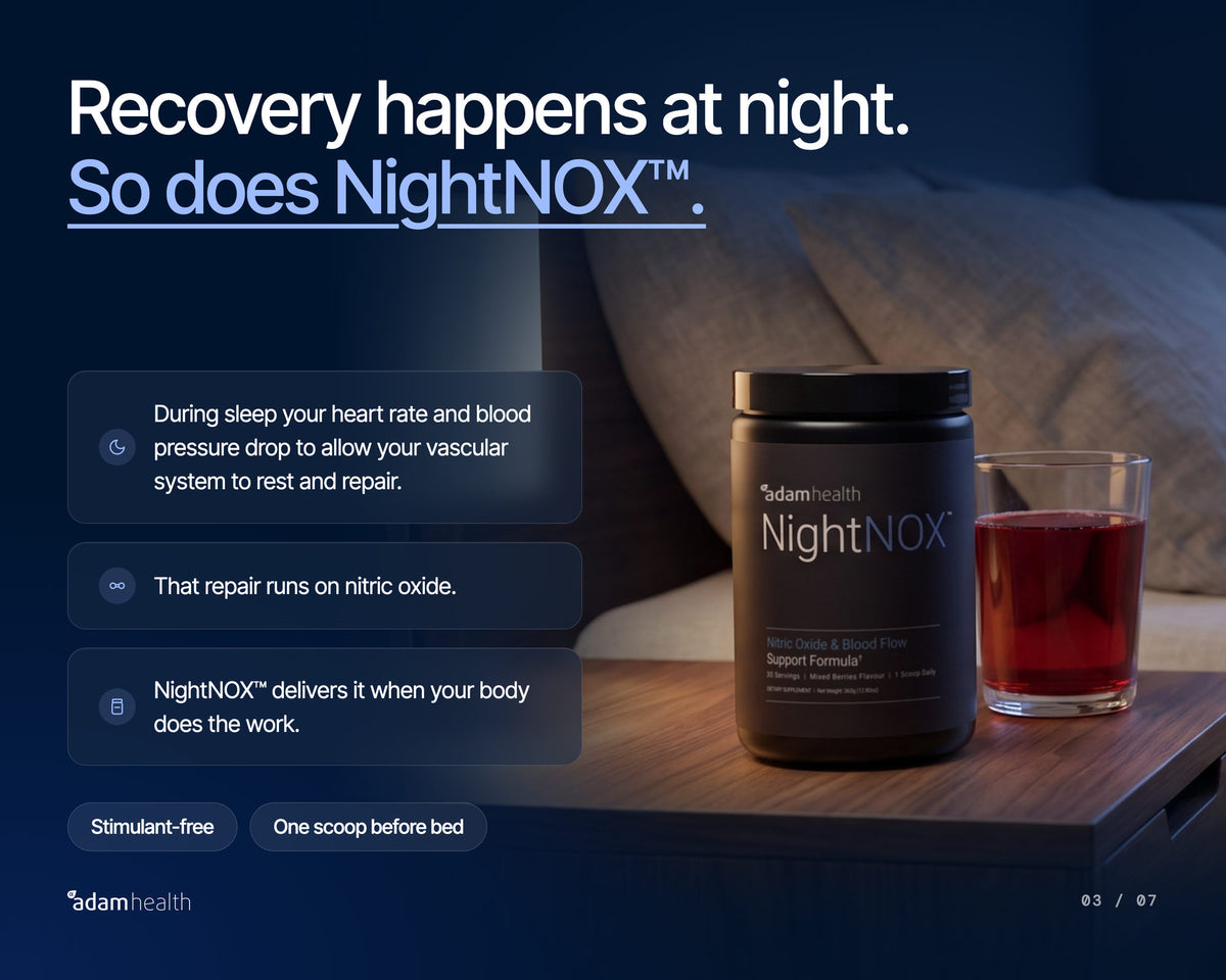 NightNOX and a mixed-berry drink on a nightstand at night. Recovery happens at night, so does NightNOX: stimulant-free, one scoop before bed.