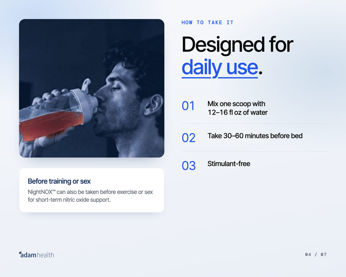A man drinking NightNOX from a shaker. How to take it: mix one scoop with 12 to 16 fl oz of water and take 30 to 60 minutes before bed. It can also be taken before exercise or sex.