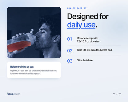 A man drinking NightNOX from a shaker. How to take it: mix one scoop with 12 to 16 fl oz of water and take 30 to 60 minutes before bed. It can also be taken before exercise or sex.