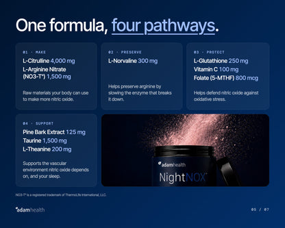 NightNOX powder bursting from an open tub. One formula, four pathways: make, preserve, protect and support, with every ingredient dose listed.