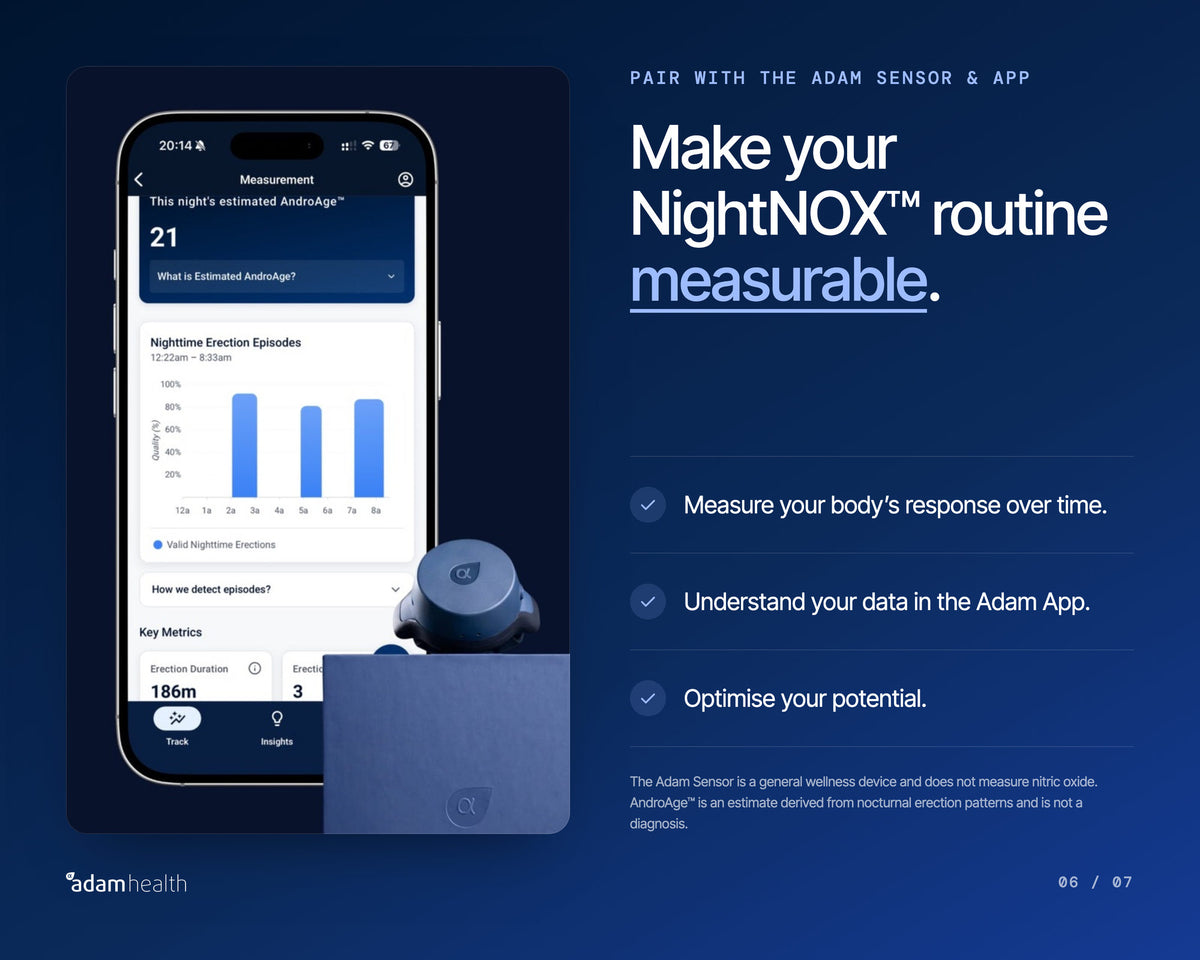 The Adam app beside the Adam Sensor. Pair NightNOX with the Adam Sensor and app to measure your body's response over time.