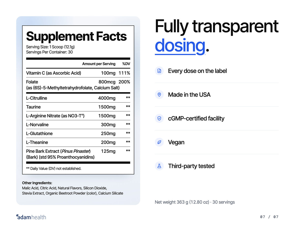 NightNOX Supplement Facts panel with every dose. Made in the USA in a cGMP-certified facility, vegan, third-party tested. Net weight 363 g, 30 servings.