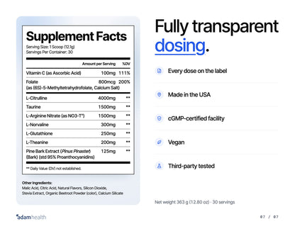 NightNOX Supplement Facts panel with every dose. Made in the USA in a cGMP-certified facility, vegan, third-party tested. Net weight 363 g, 30 servings.