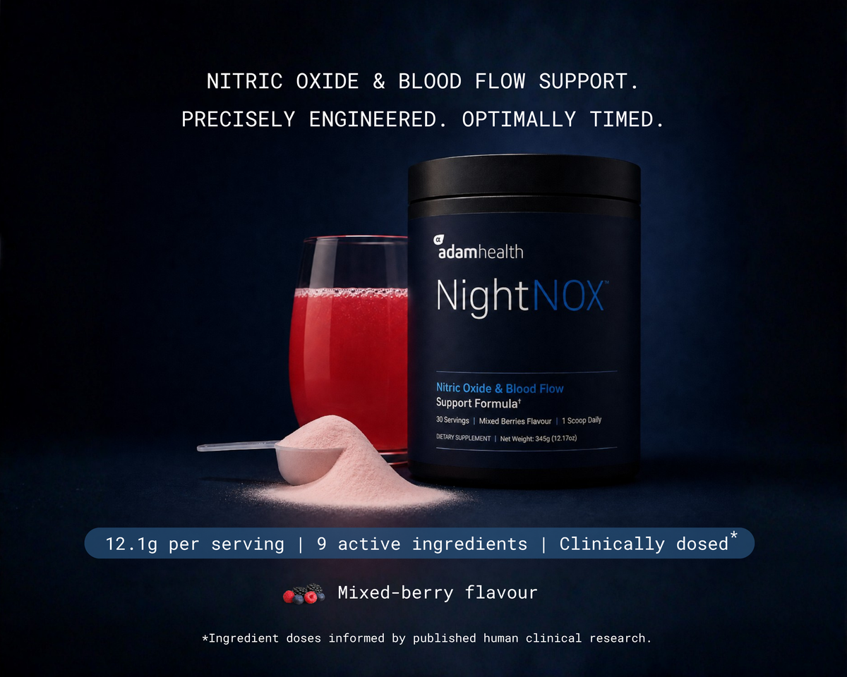 NightNOX tub beside a glass of mixed-berry drink and a scoop of powder. 12.1 g per serving, 9 active ingredients, clinically dosed.