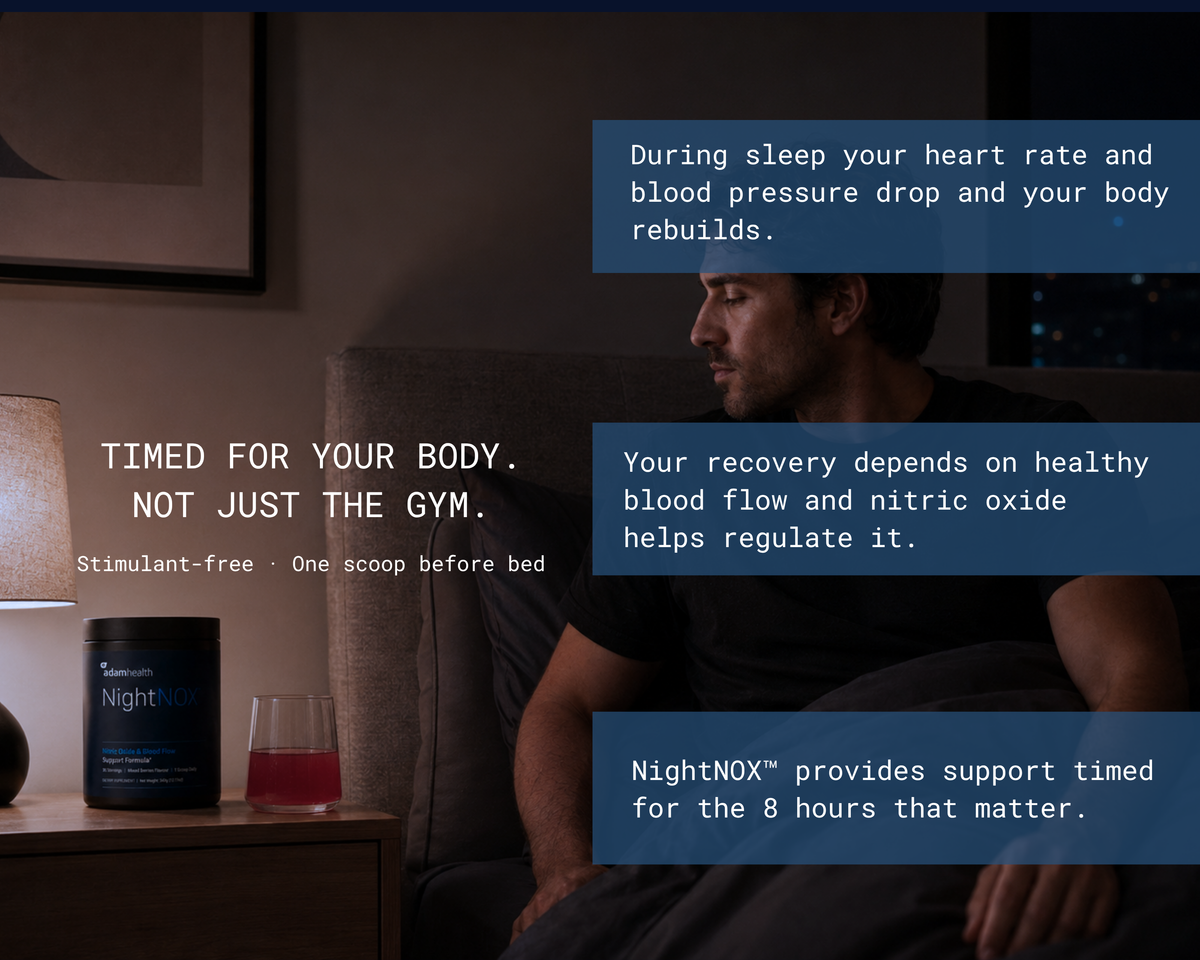 A man relaxing at night with NightNOX on the side table. Timed for your body, not just the gym: stimulant-free, one scoop before bed, supporting the eight hours your body recovers.